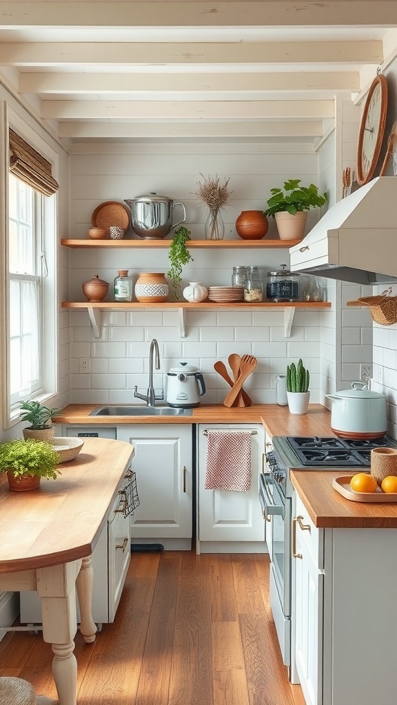 A cozy cottage kitchen featuring vintage wooden shelves, plants, and rustic decor