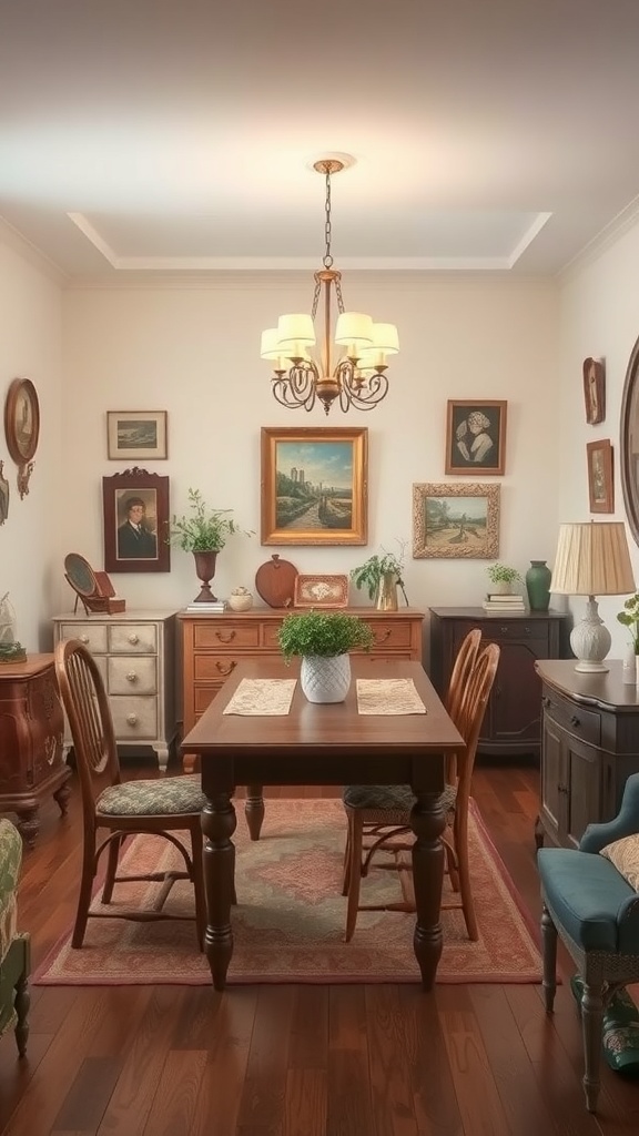 A cozy dining area featuring vintage furniture, art, and plants.