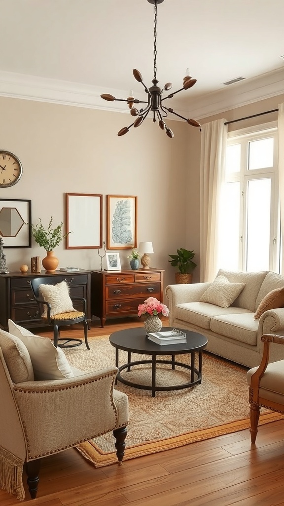 A cozy beige living room featuring vintage furniture and decor.