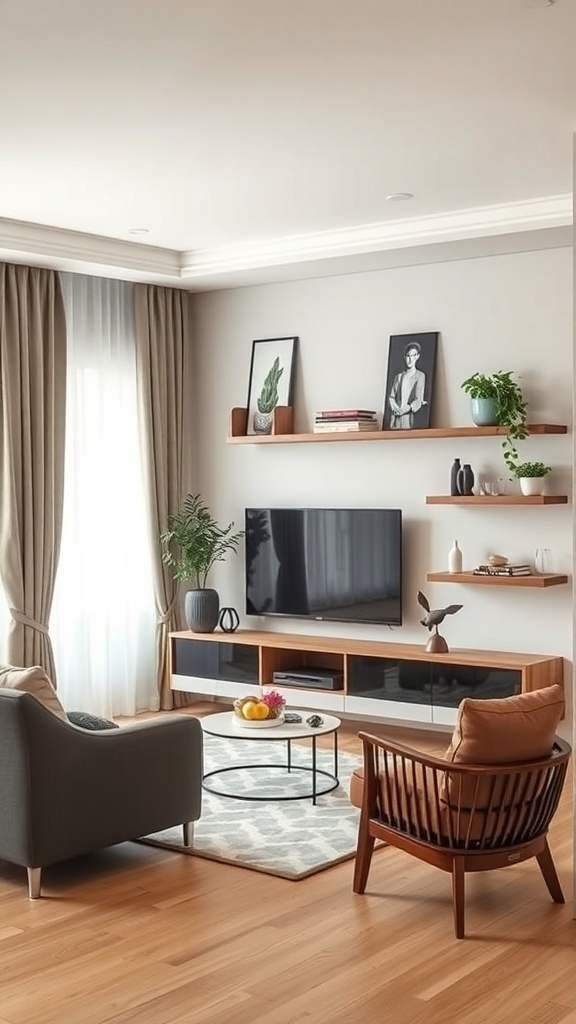 A stylish tiny living room with wall-mounted shelves showcasing plants and decor