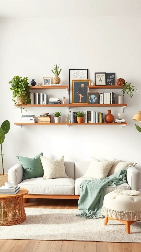 A cozy living room featuring wall shelves filled with books, plants, and decorative items.
