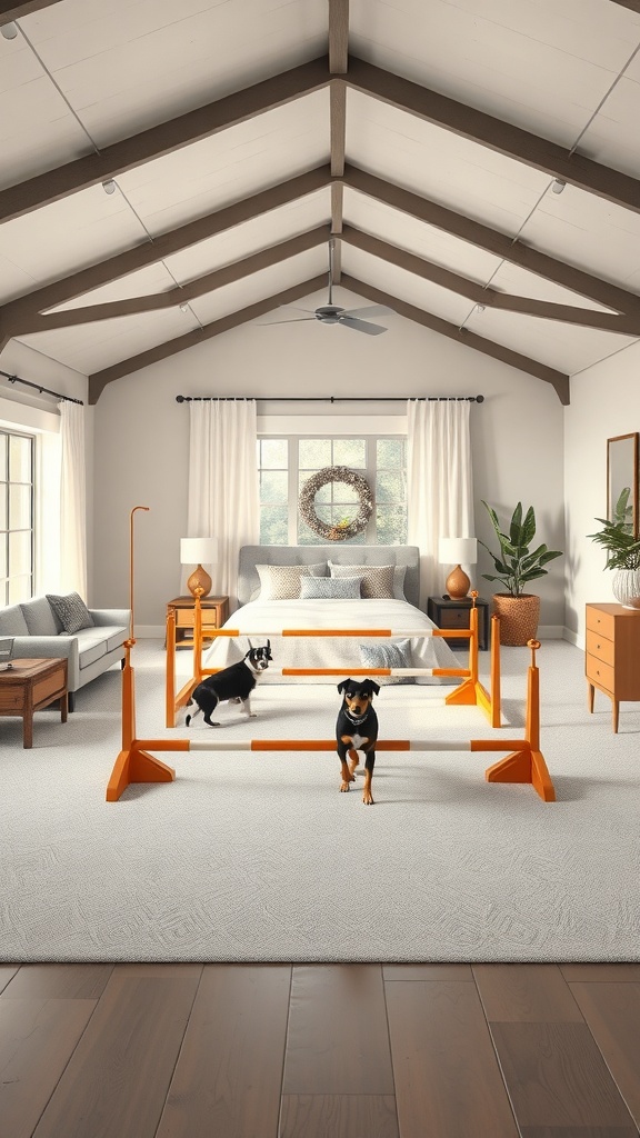 A cozy indoor room featuring two dogs and agility hurdles, showcasing a fun indoor dog agility course.