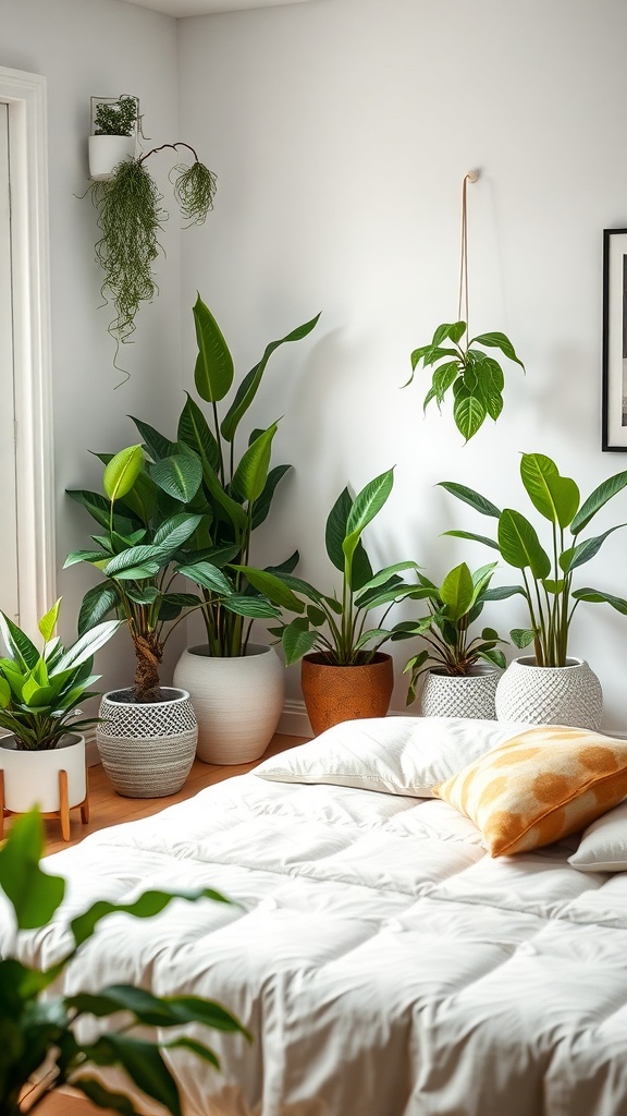 A cozy living room corner filled with various indoor plants in decorative pots, creating a vibrant and inviting atmosphere.