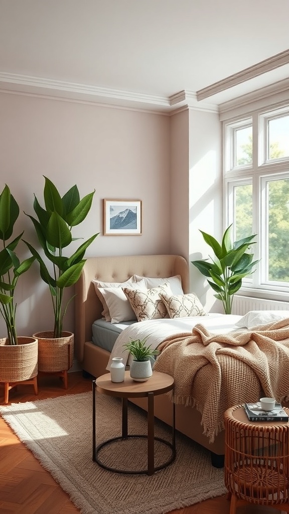A cozy bedroom with indoor plants used as natural dividers, featuring a bed with soft bedding and decorative pillows.