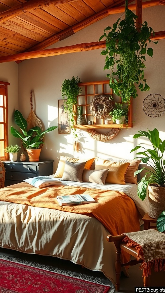 A cozy rustic bedroom featuring indoor plants, wooden beams, and warm colors.
