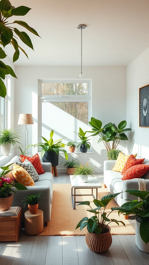 Bright living room filled with various indoor plants and colorful cushions