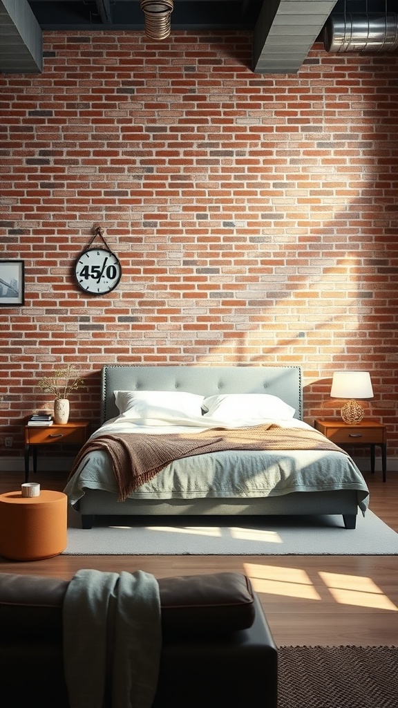 A cozy bedroom featuring an exposed brick wall, a bed with soft bedding, and warm wooden furniture.