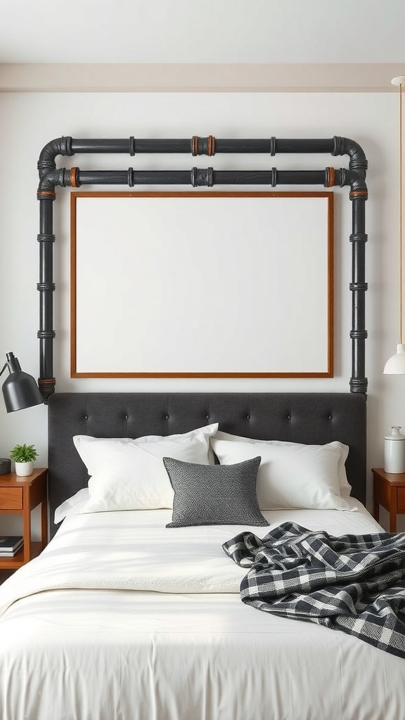 A mirror framed with black pipes above a bed, showcasing an industrial design.