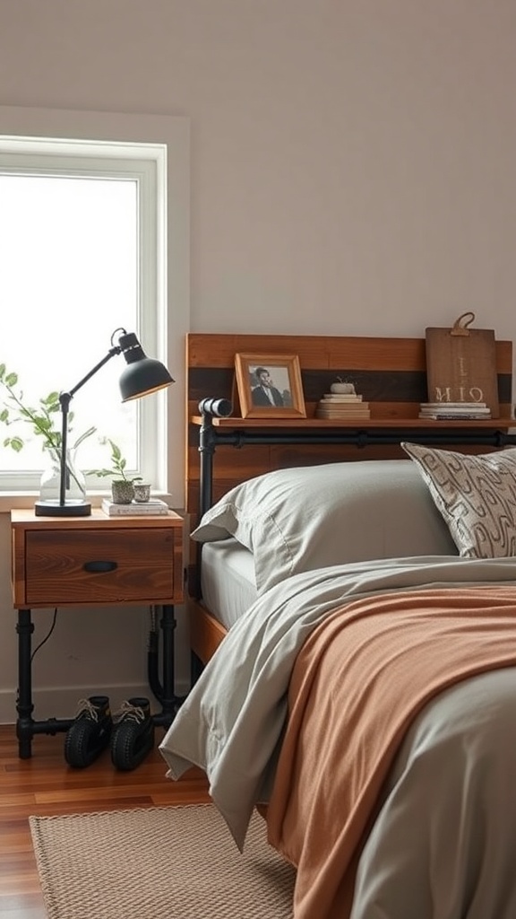 Industrial pipe nightstand with wooden drawer and lamp beside a bed