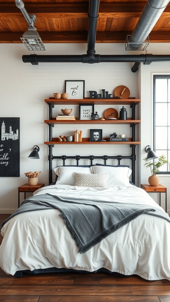 A stylish industrial pipe shelving unit above a bed, featuring wooden shelves and decorative items.