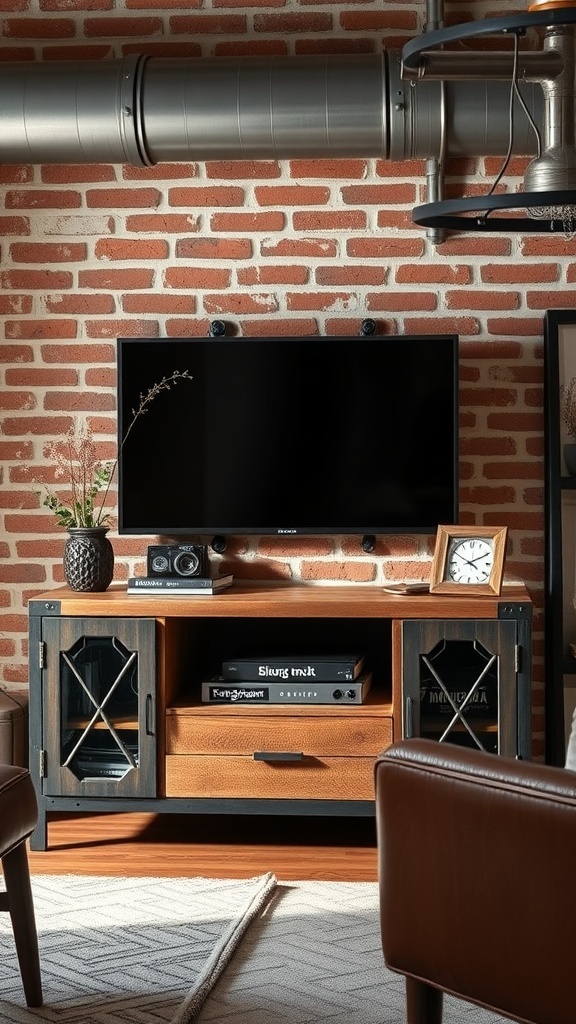 Industrial style TV unit against a rustic brick wall with a dark metal and wood design.