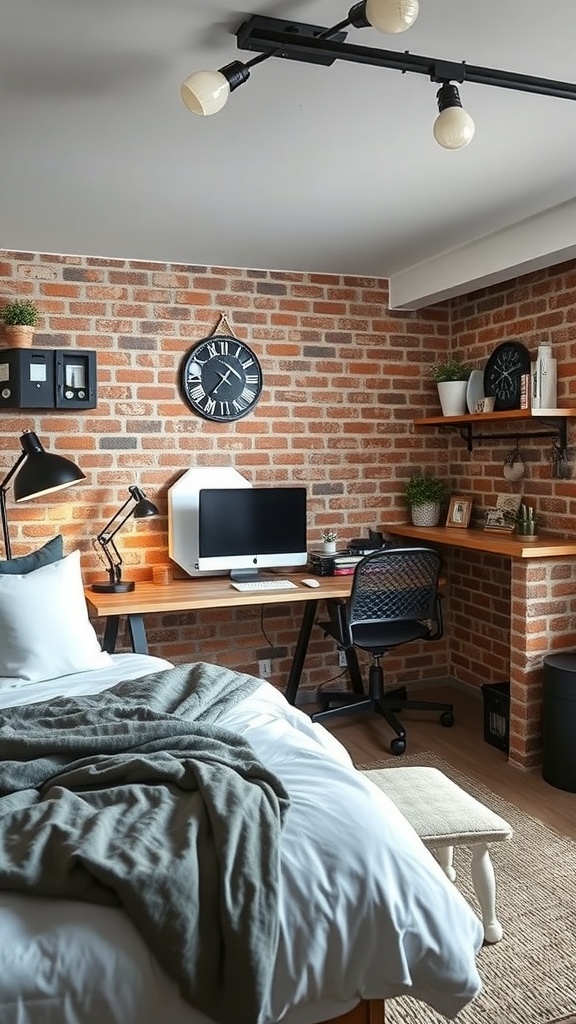 A cozy industrial style workspace in a bedroom with a brick wall, wooden desk, and modern decor.