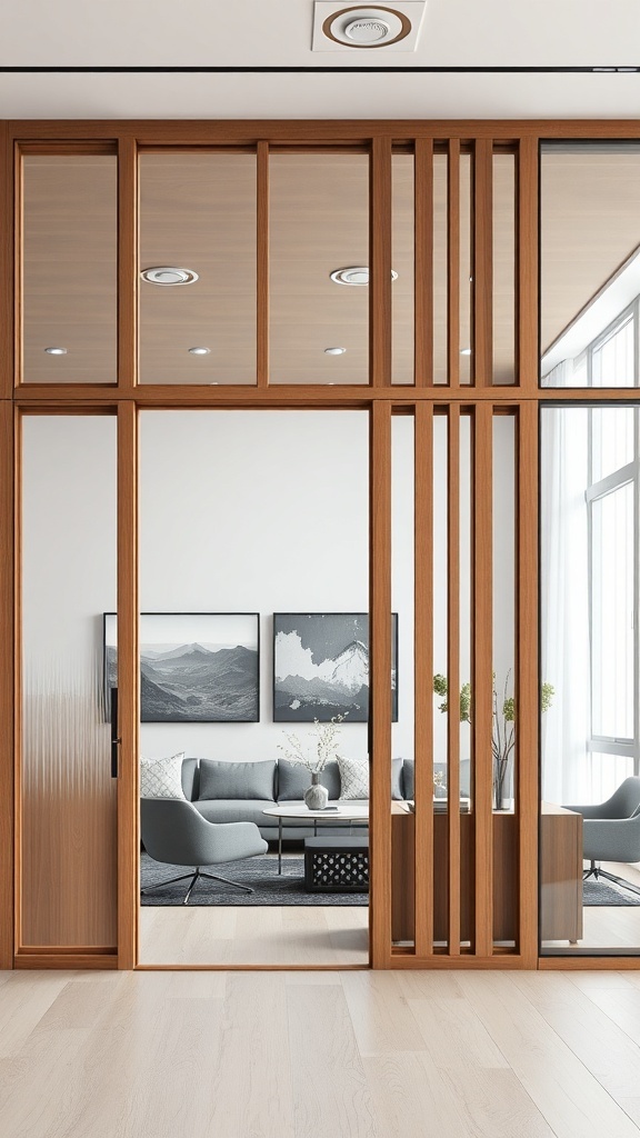 A wood and glass partition showcasing modern design elements with vertical lines and a spacious interior.