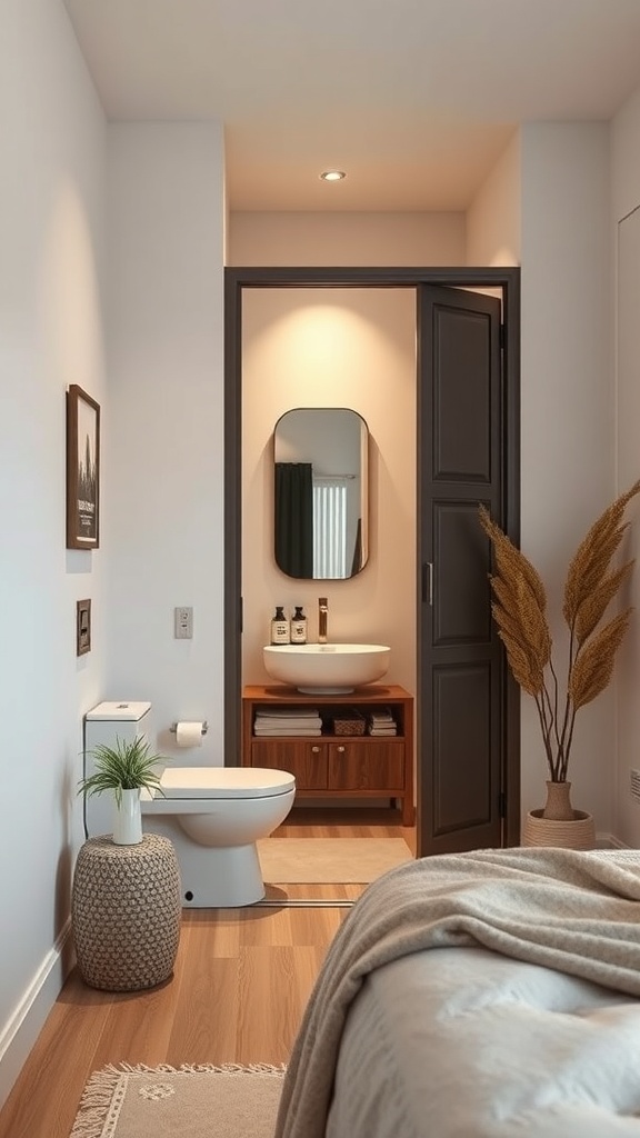 A modern tiny toilet room with a folding door, showcasing a clean design and organized space.