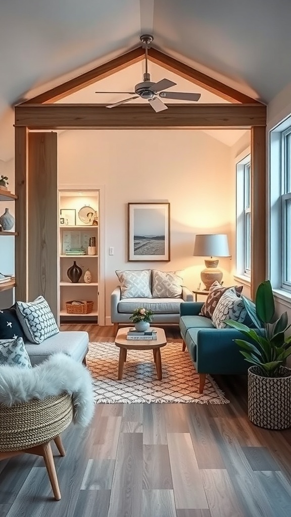 Interior of a cozy tiny house showing a wooden room divider separating living spaces.