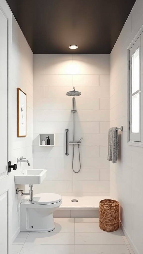 A modern small bathroom design featuring a walk-in shower, toilet, and storage solutions.