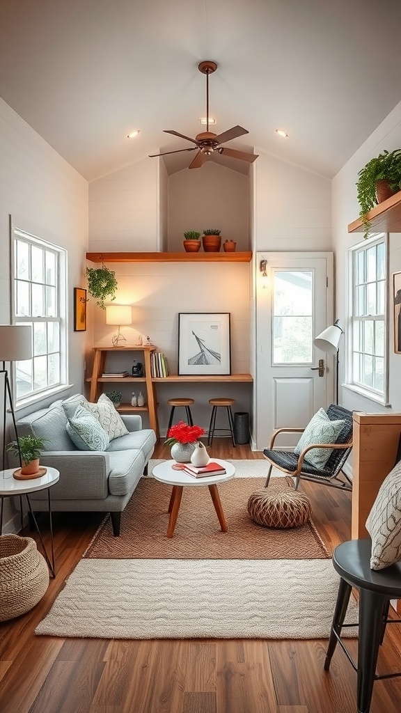A stylish tiny house interior with a cozy living room featuring a sofa, decorative plants, and a round coffee table.