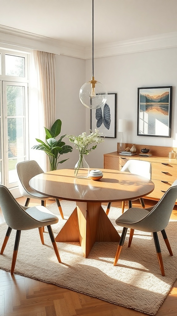 A modern round dining table with a unique base, surrounded by stylish chairs in a bright dining area.