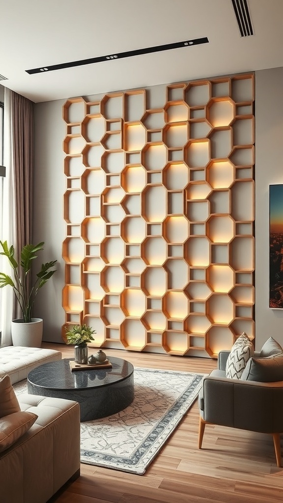 A decorative honeycomb partition with integrated lighting in a modern living room.