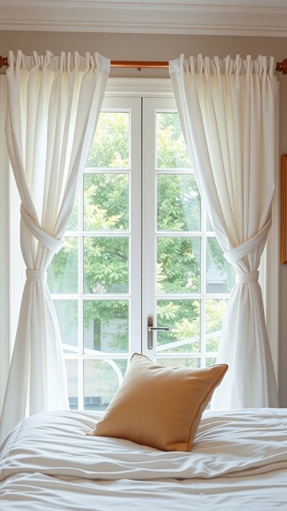 A pair of white curtains tied back elegantly, framing a window with greenery outside.