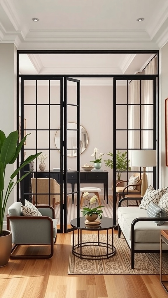 Stylish entryway partition featuring folding screens, a comfortable seating area with plants, and a round table