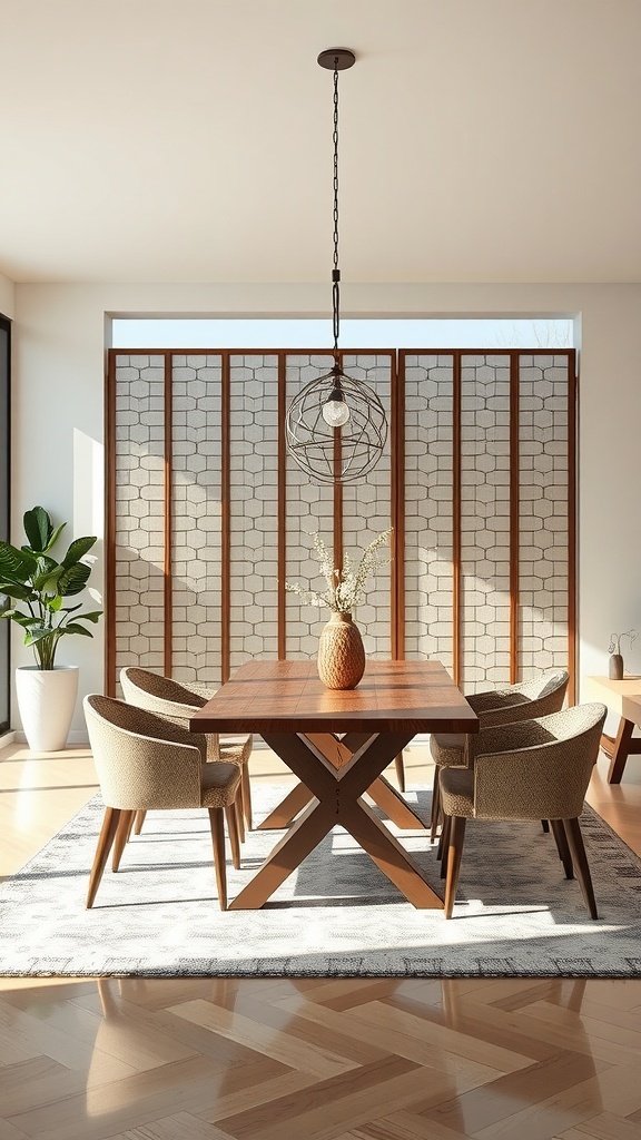 A stylish dining area with a decorative screen partition, featuring a wooden table, cozy chairs, and a bright atmosphere.