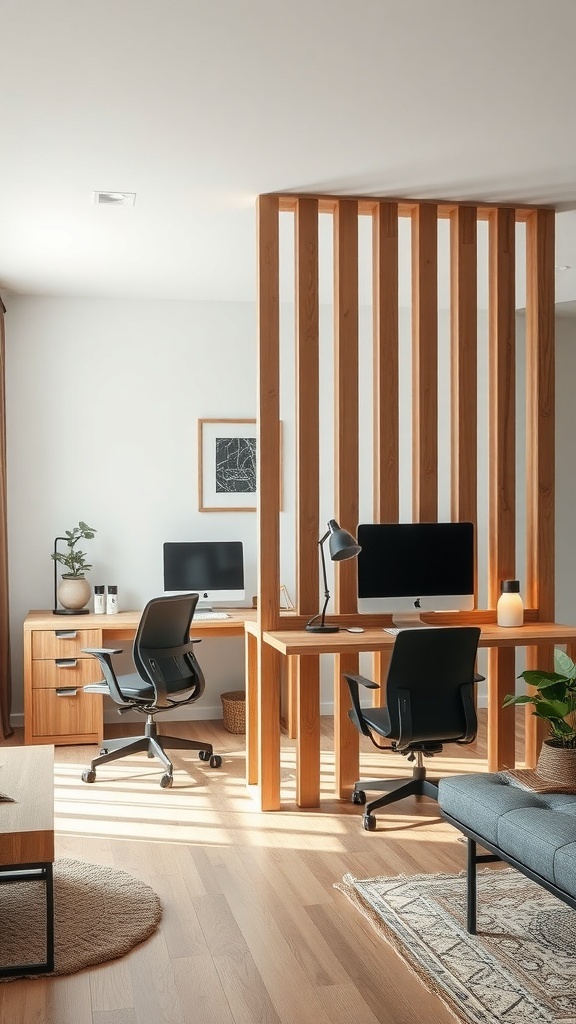 A modern home office with a wooden partition dividing two workspaces.