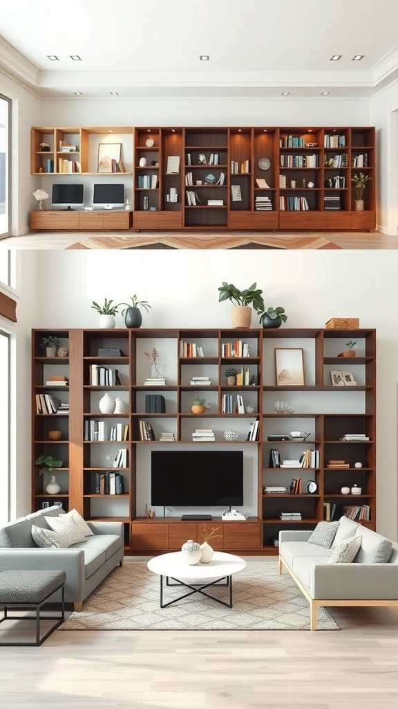 Two unique shelf partition designs showcasing modern and warm aesthetics.
