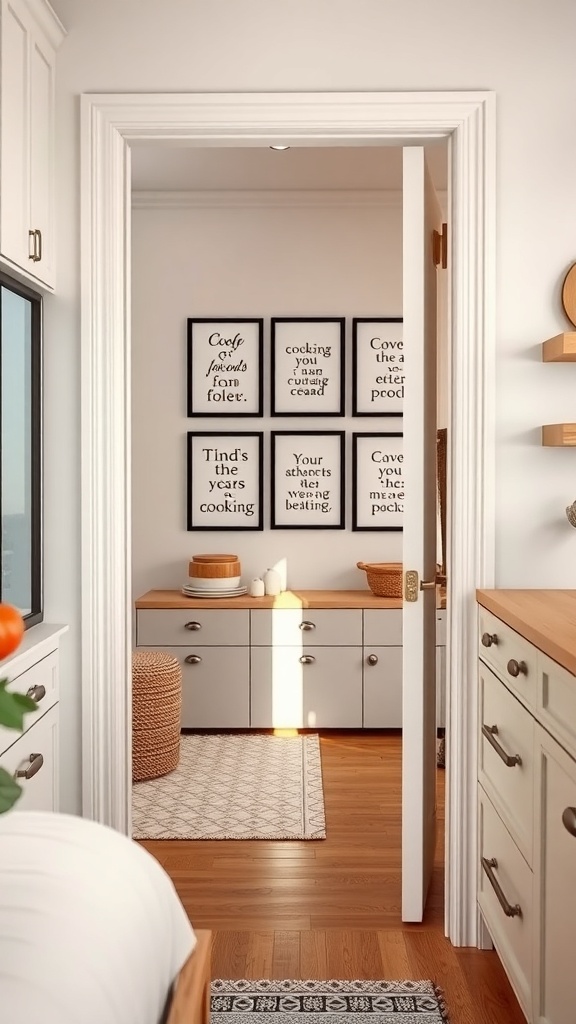 A cozy pantry with inspirational cooking quotes framed on the wall, inviting a warm and motivating atmosphere.