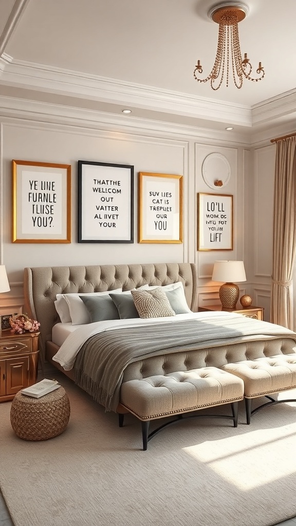 A stylish bedroom featuring framed inspirational quotes on the wall, a plush bed, and elegant decor.