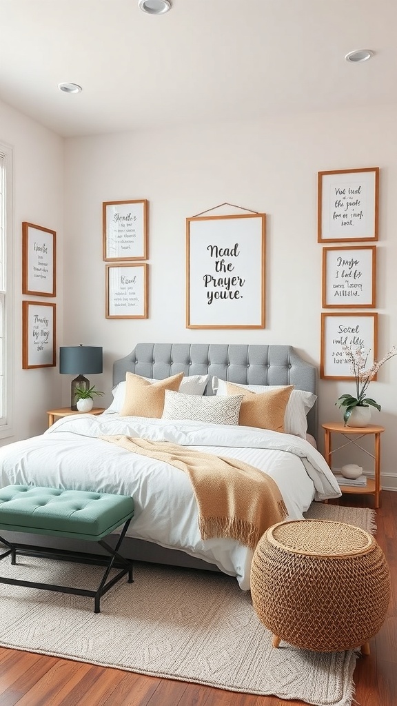 A cozy prayer room featuring a bed with decorative pillows, a green stool, and framed inspirational quotes on the walls.