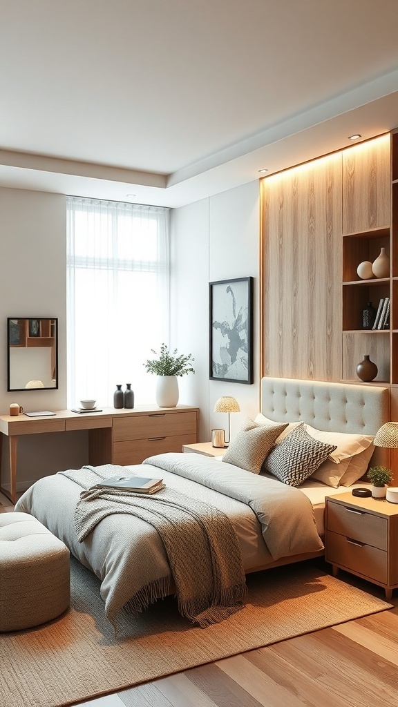 A cozy bedroom with integrated lighting in the furniture and a modern aesthetic.