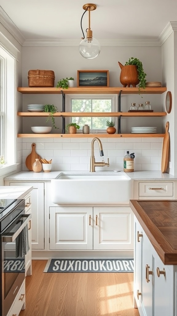A cozy farmhouse kitchen featuring a white farmhouse sink, open shelving with kitchen items, and warm wood accents.