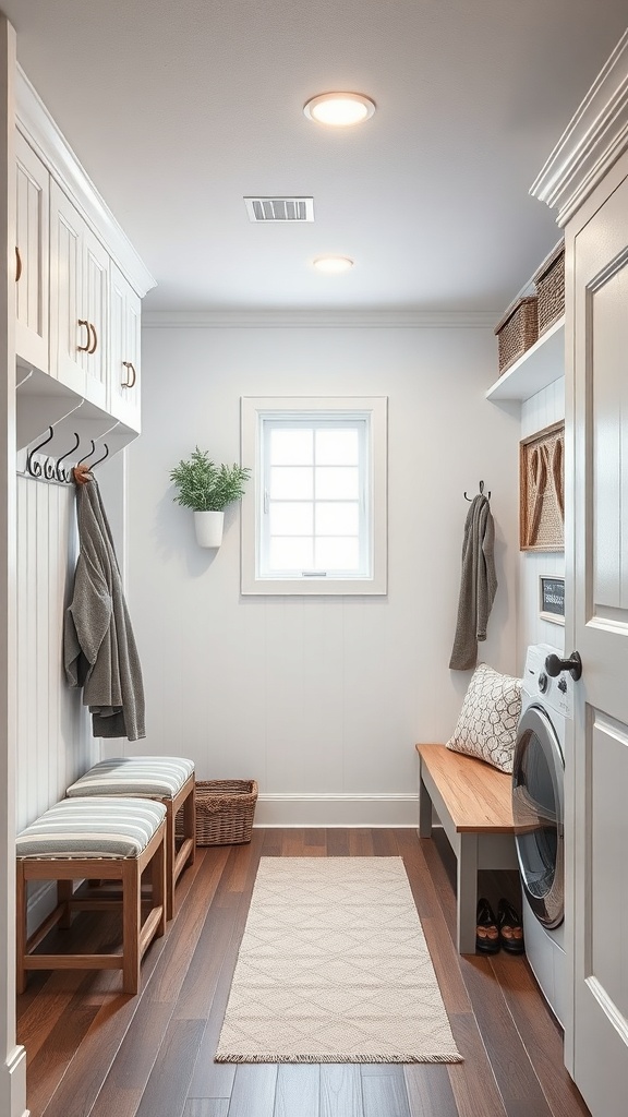 A stylish basement laundry room with a mudroom area featuring a bench, hooks for coats, and natural light.