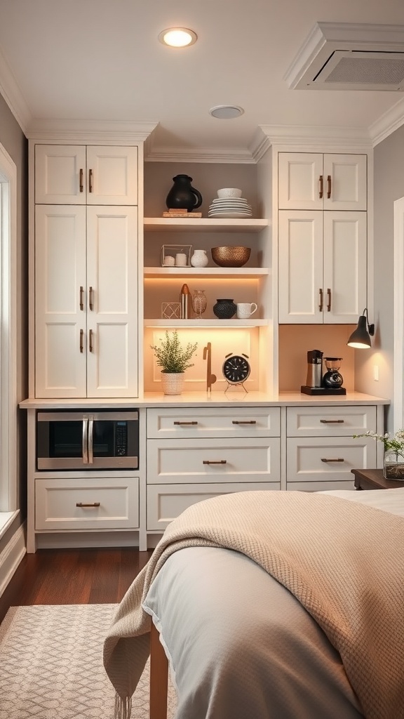 A cozy butler's pantry featuring integrated appliances, white cabinetry, and open shelving.