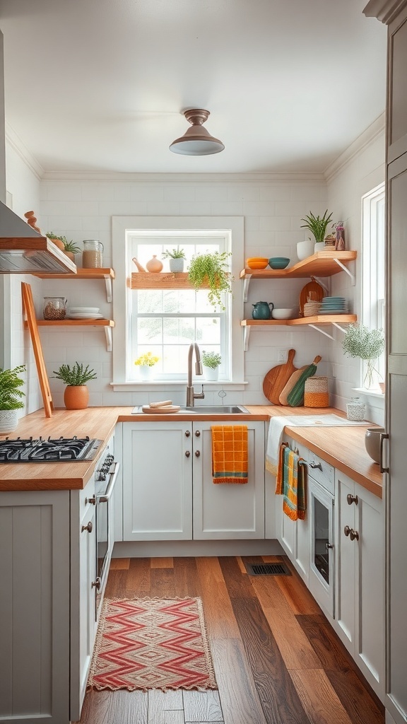 A cozy, tiny farmhouse kitchen with colorful accents and wooden elements.