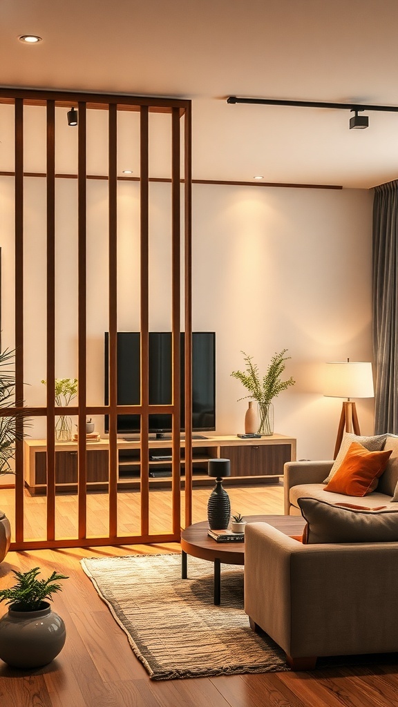 Living room with wooden partition and integrated lighting features