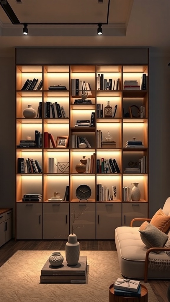 A stylish bookshelf partition with integrated warm lighting, showcasing books and decorative items.