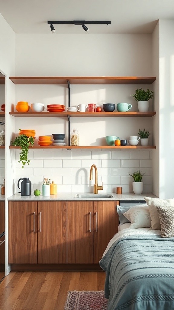 A modern apartment kitchen featuring open shelving with colorful dishes and plants.