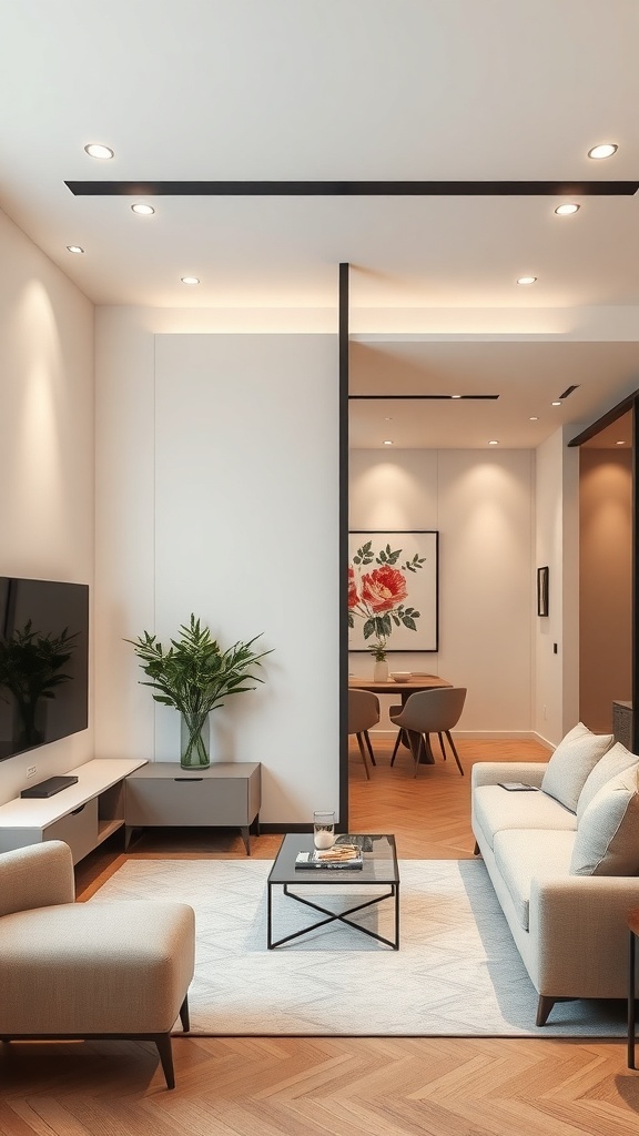 Living room with a stylish partition and TV unit