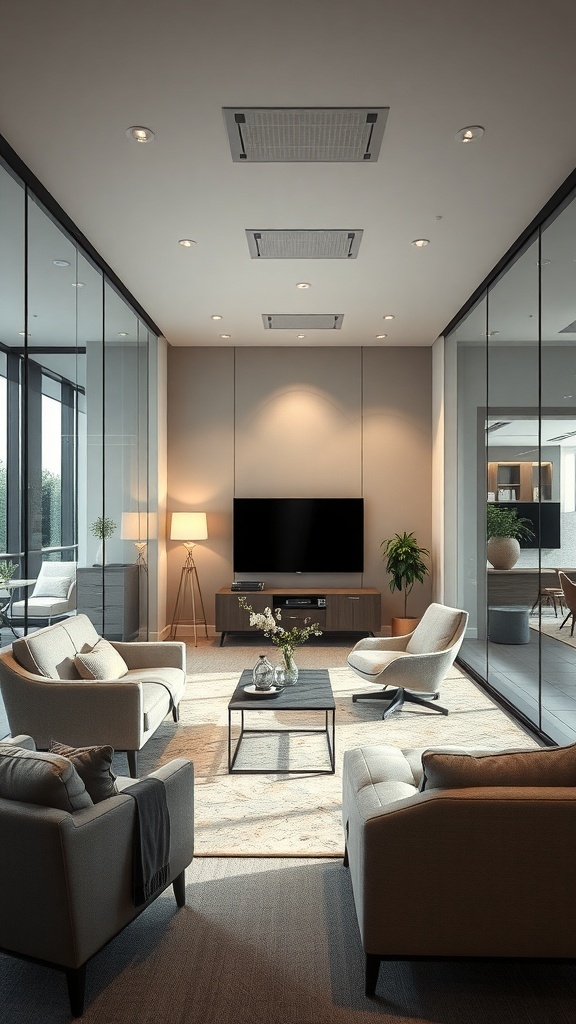 A modern room with glass partition walls, featuring white furniture and ambient lighting.