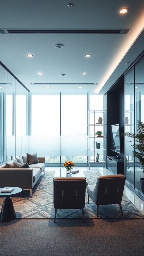 Modern office interior featuring wood and glass partitions