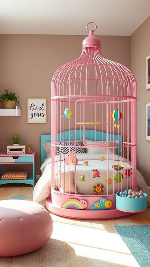 A colorful pink bird cage bed for kids, decorated with playful elements and a cozy interior.
