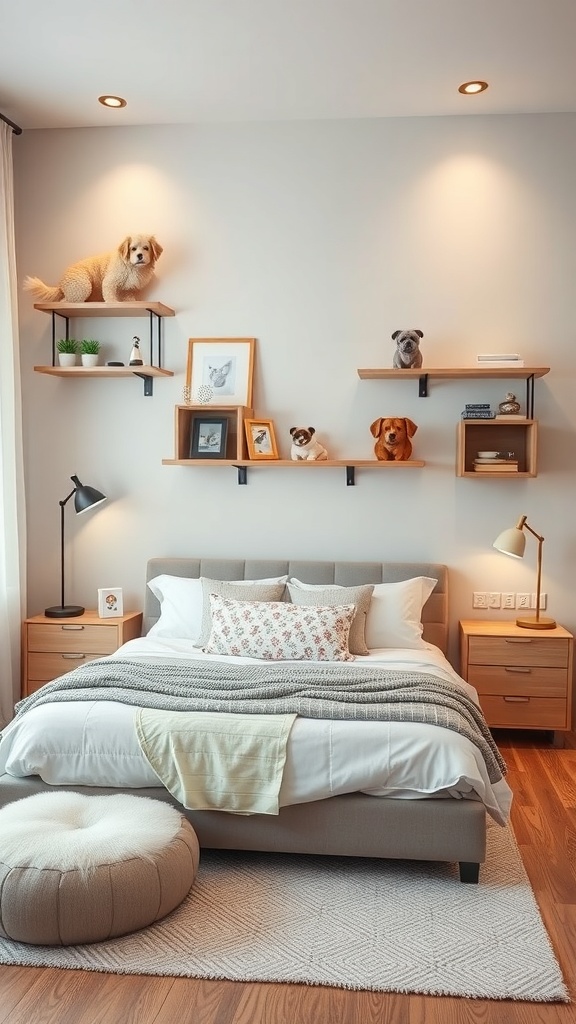 A cozy bedroom with dog-themed wall features, including shelves with dog figurines and framed pictures.