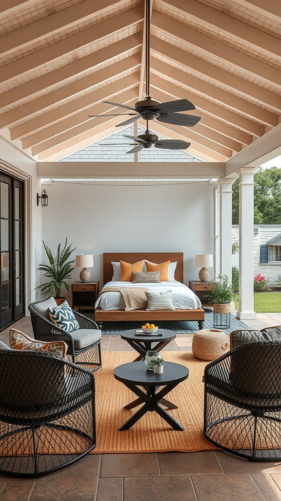 Cozy outdoor patio with comfortable seating, a low table, and plants.