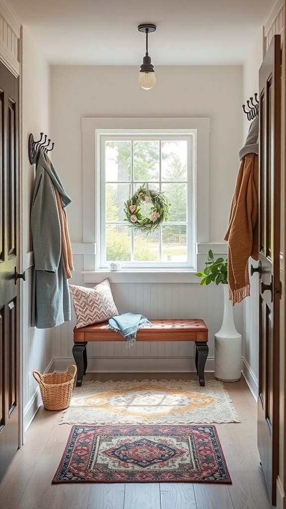 Cozy entryway with a window, bench, rugs, and wall hooks