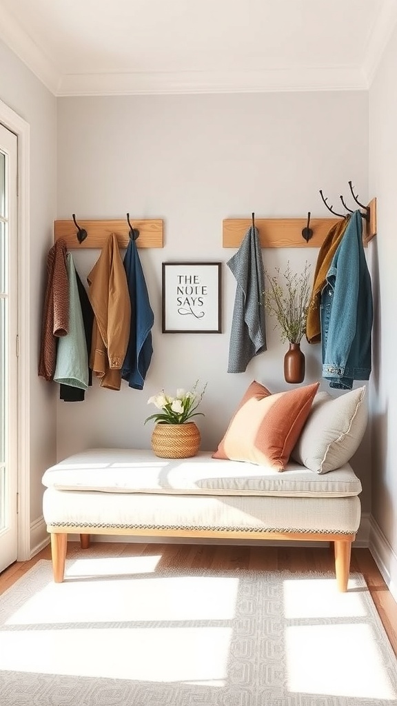 Cozy entryway corner with a bench, hooks for jackets, and a potted plant.