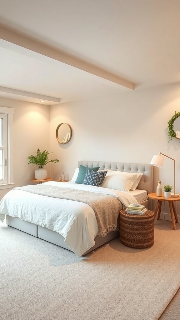 Cozy basement guest bedroom with neutral decor, a comfortable bed, and natural light.
