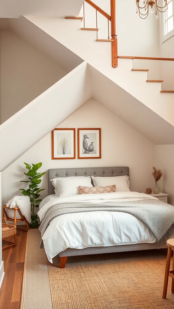 Cozy bedroom under stairs with a bed, artwork, and a plant