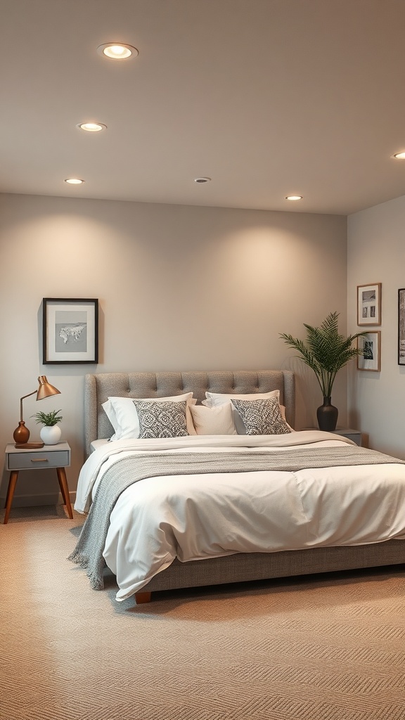 A cozy guest suite in an unfinished basement featuring a comfortable bed, stylish decor, and soft lighting.